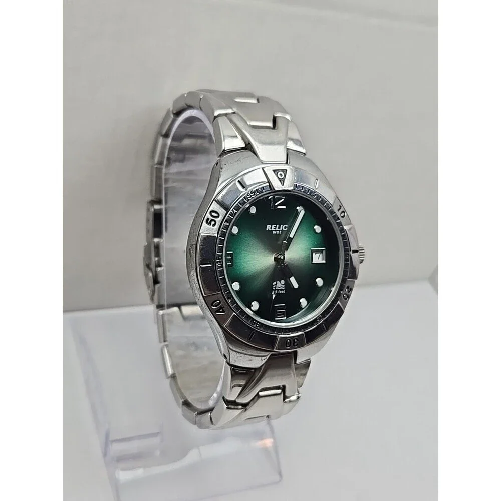 Relic Wet by Fossil Mens Green Dial Silver Stainless Date Watch New Battery 50M